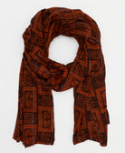 dark brown long cotton scarf with rust orange owl print made sustainably from vintage cotton saris