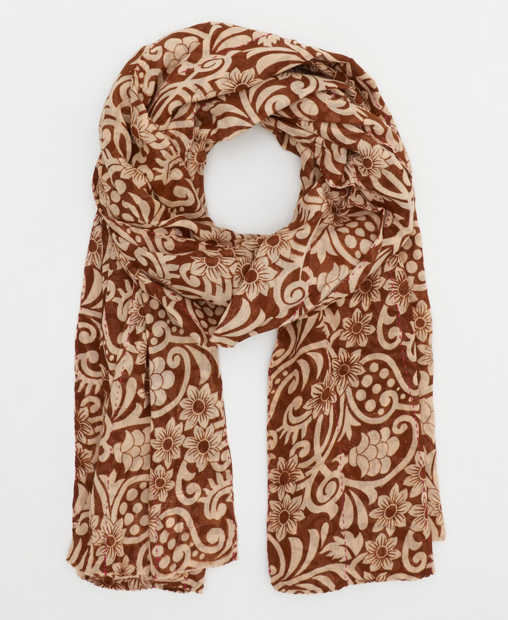 floral cotton scarf in chesnut brown made from one-of-a-kind vintage cotton saris in India