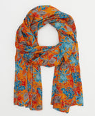 bright orange and blue floral lightweight cotton scarf with neon hand-embroidery made in India