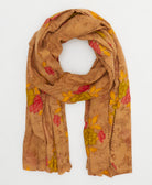 tan cotton long scarf with coral pink, olive green and mustard yellow rose print