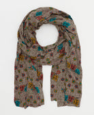 grey lightweight scarf with red, mustard and teal leaf print