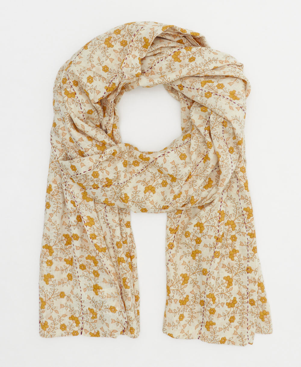 long cotton scarf in ivory with mustard yellow and blush florals made in India