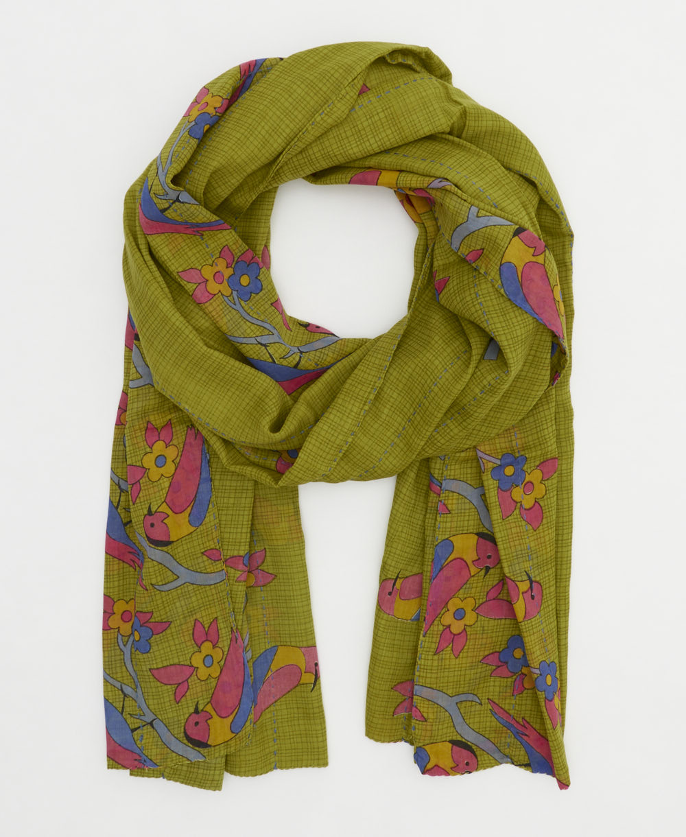 avocado green lightweight cotton scarf with graphic charming bird print