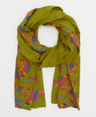 avocado green lightweight cotton scarf with graphic charming bird print