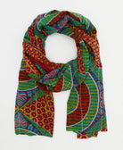 crimson red lightweight cotton scarf with bold one-of-a-kind teal abstract pattern