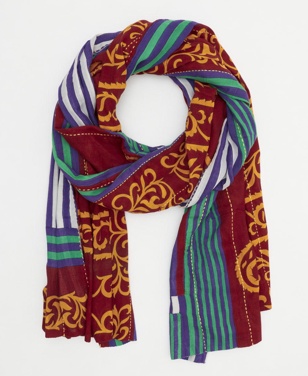 maroon long cotton scarf with an indigo and green stripe print handmade in India