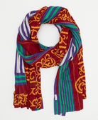 maroon long cotton scarf with an indigo and green stripe print handmade in India