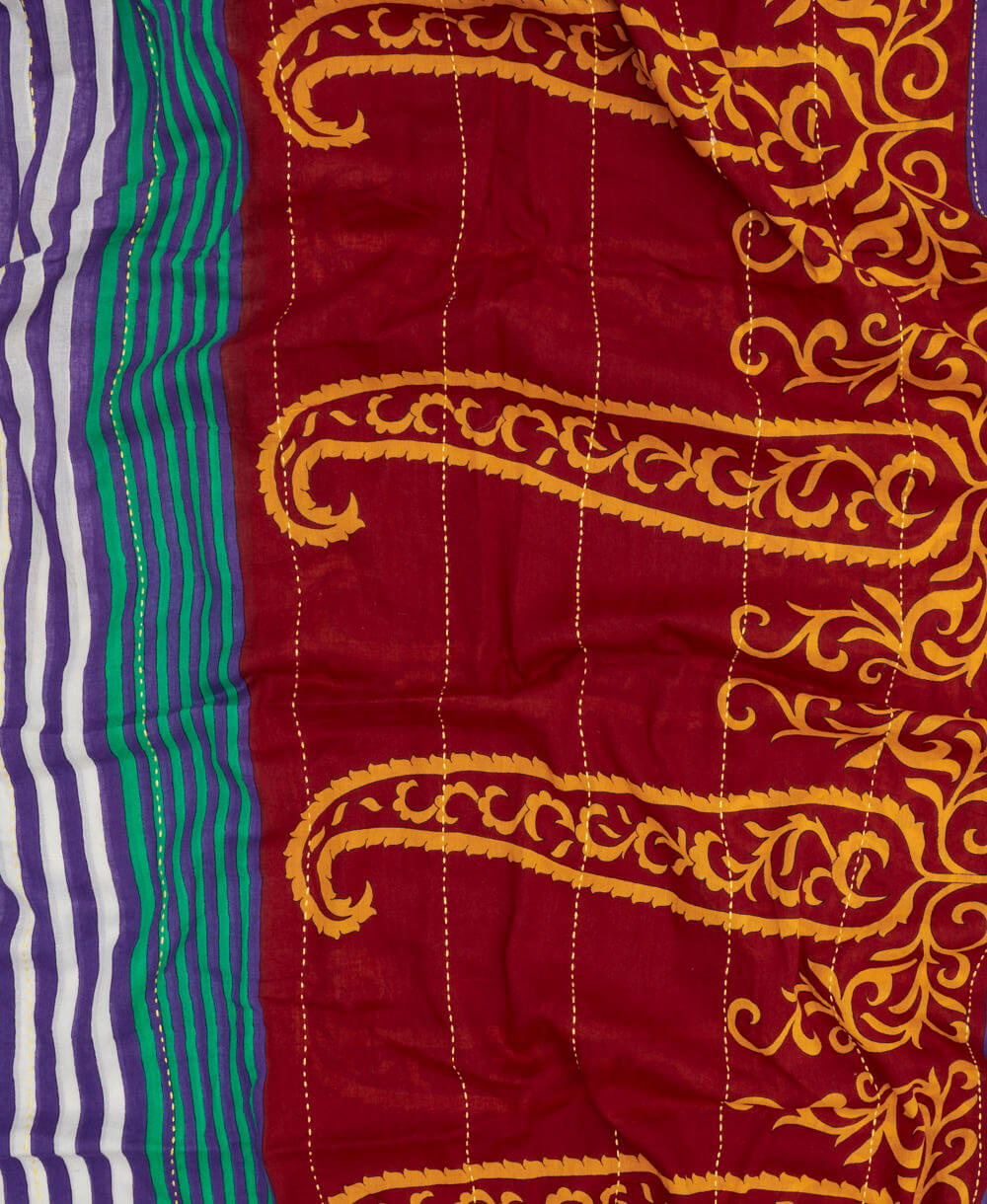 maroon long cotton scarf with an indigo and green stripe print handmade in India