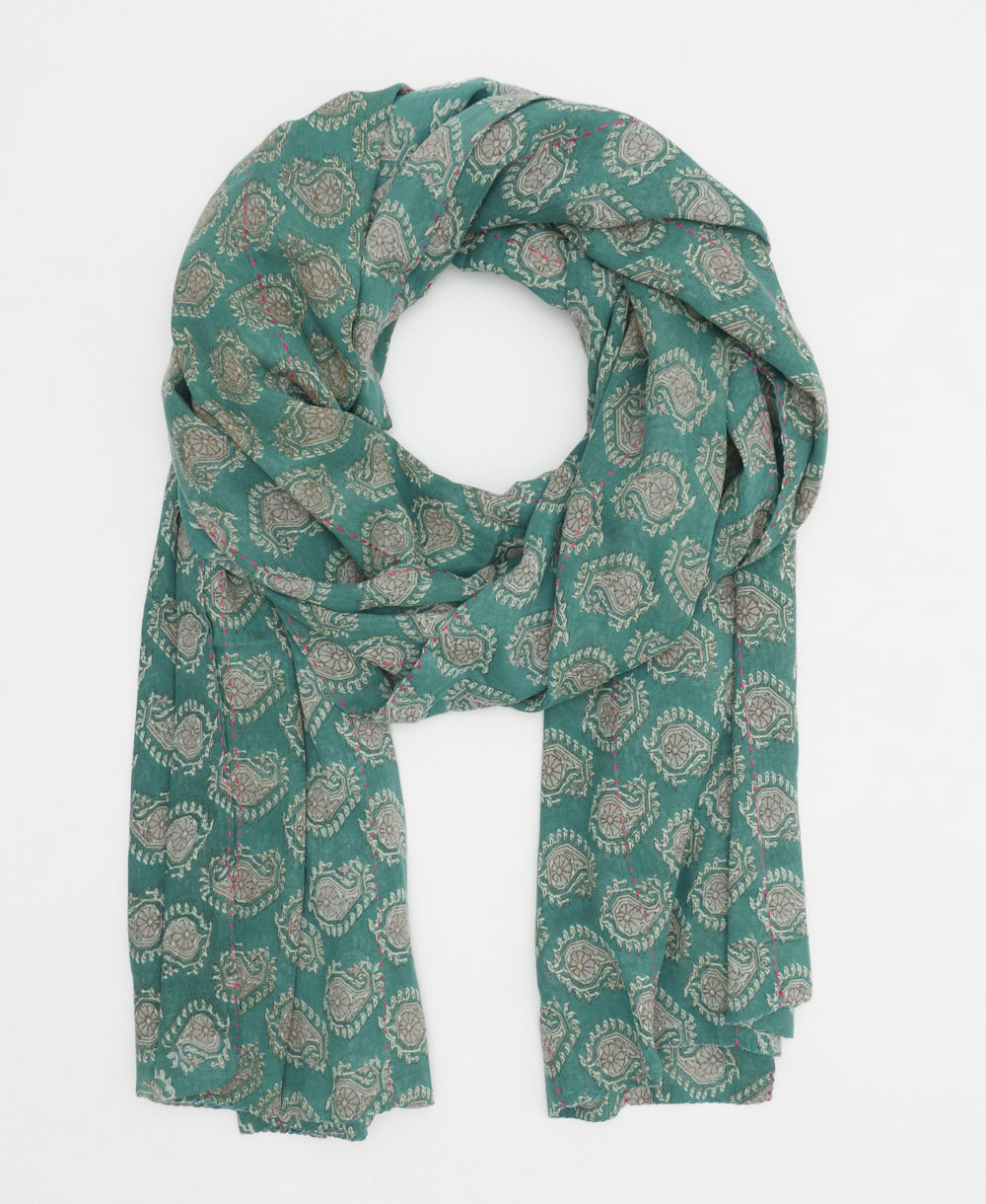 teal lightweight cotton scarf with grey paisley print and hot pink hand-stitched embroidery