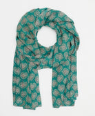 teal lightweight cotton scarf with grey paisley print and hot pink hand-stitched embroidery