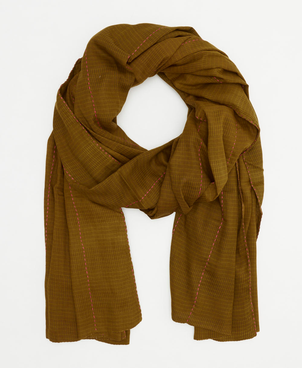 dark olive green long cotton scarf with subtle stripe pattern handmade in India from vintage cotton saris