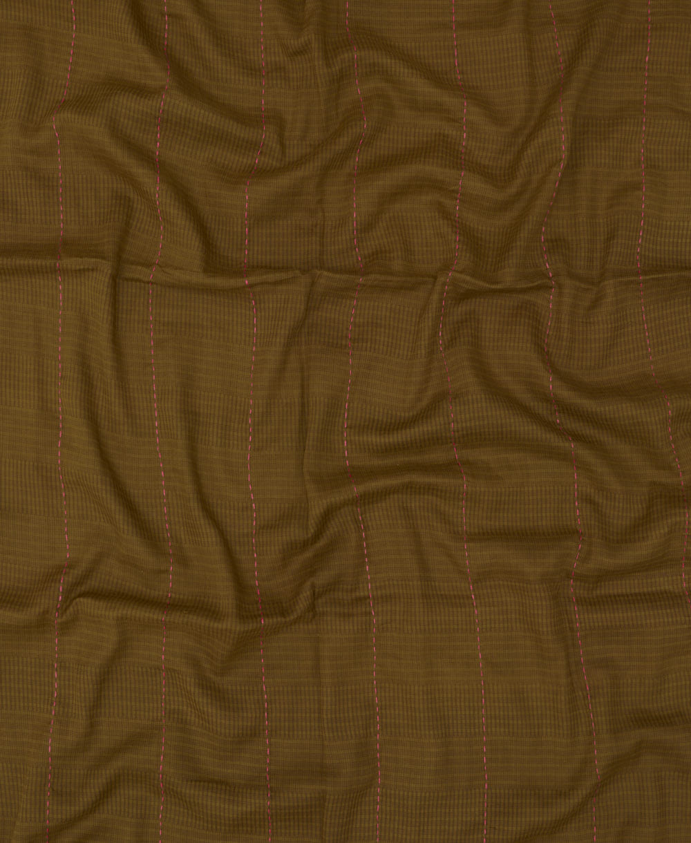 lightweight cotton scarf in dark olive green stripe print with hand-stitched embroidery