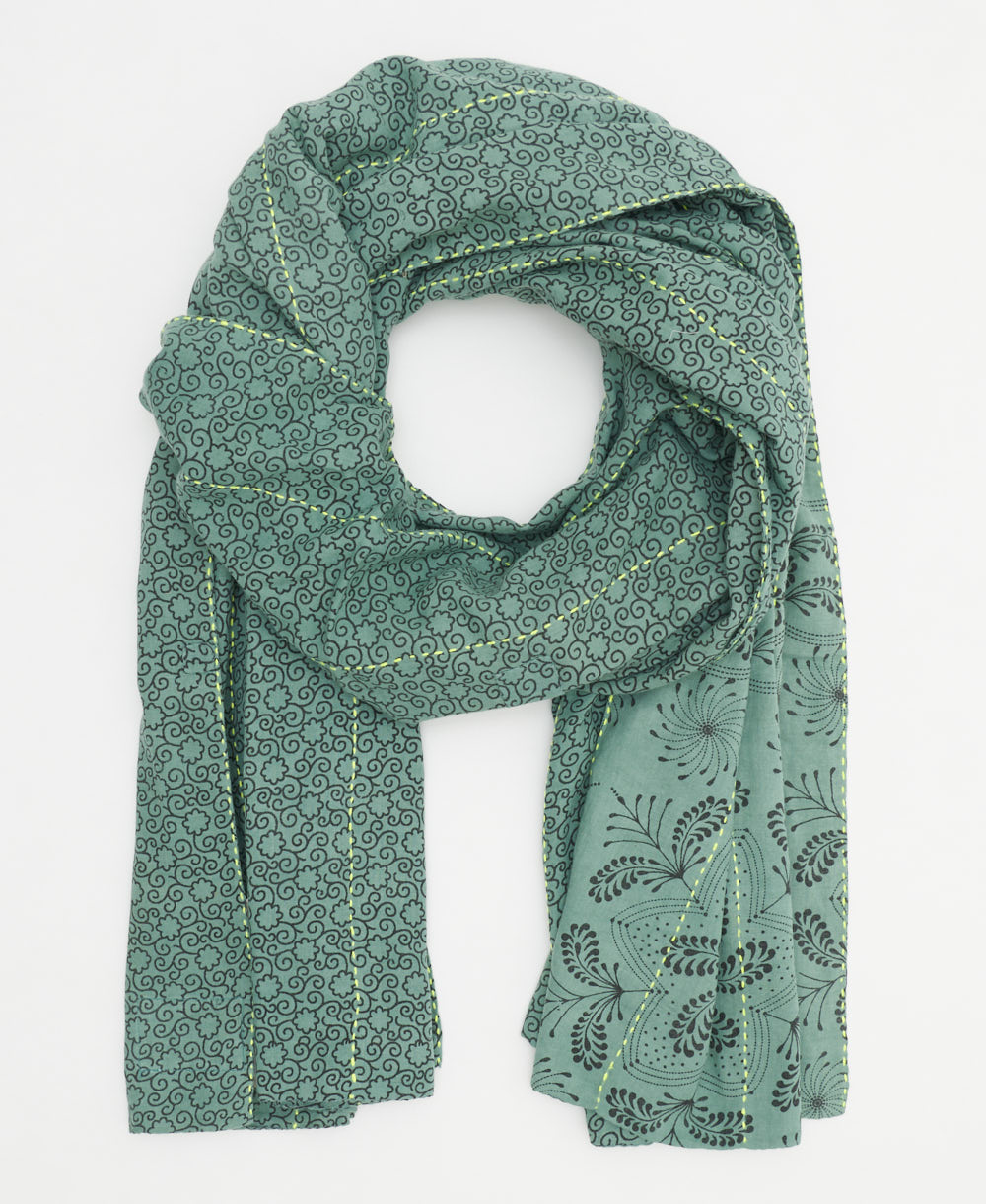 teal long cotton scarf with black swirling floral handmade in India from vintage cotton saris