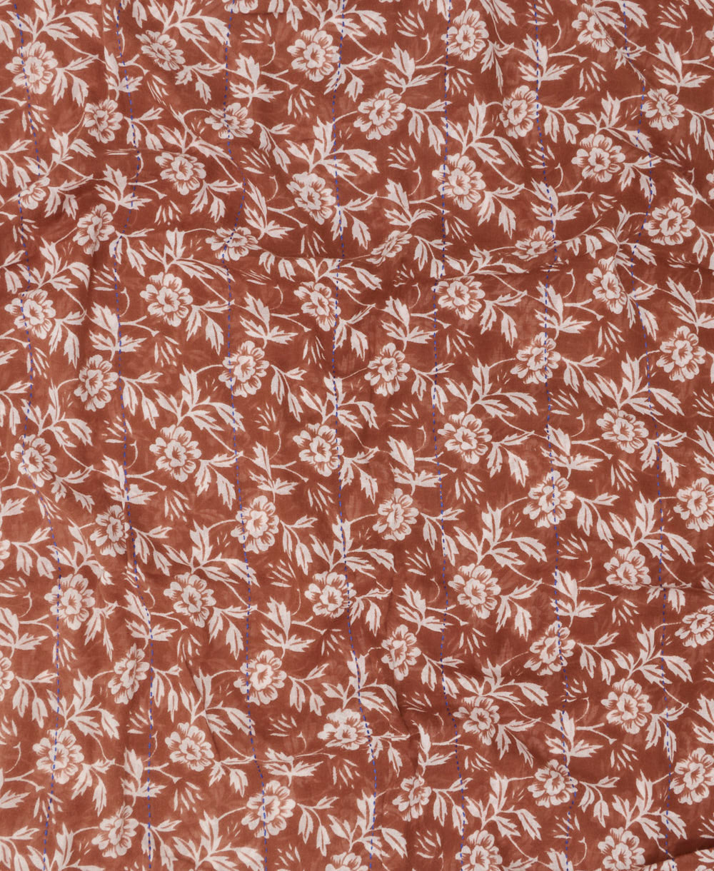 lightweight cotton scarf in warm brown with white florals with hand-embroidery