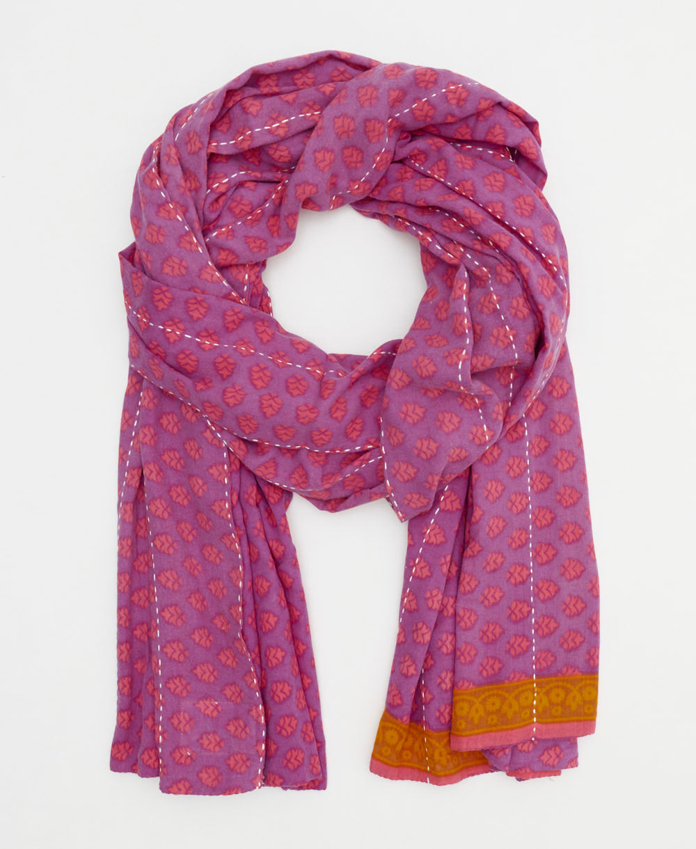 lightweight cotton scarf in purple with hot pink florals with hand-embroidery