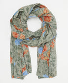 sage green long cotton scarf with coral and sky blue florals handmade in India from vintage cotton saris