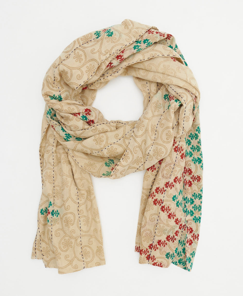 beige long cotton scarf with subtle red and green floral pattern handmade in India