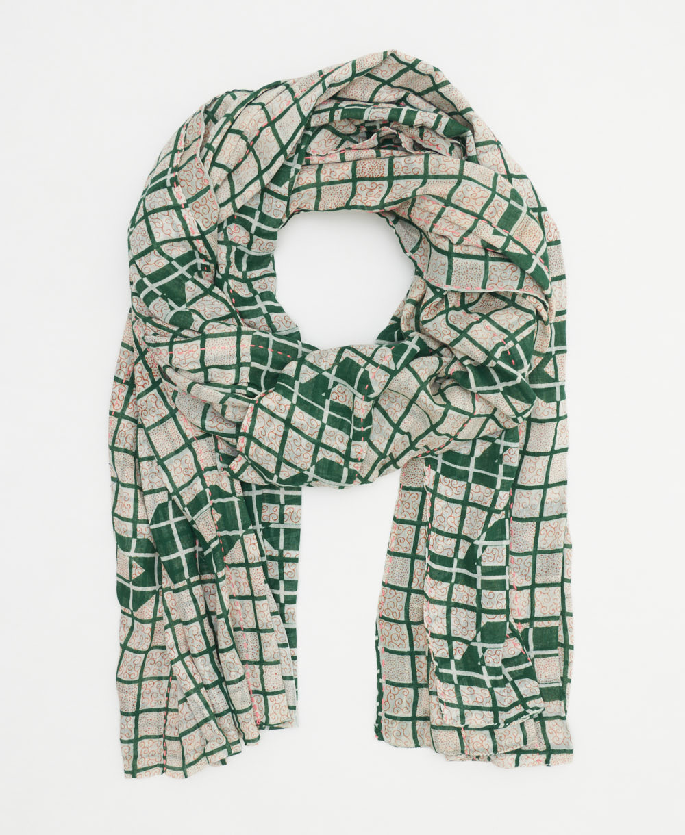 emerald green and white long scarf in a grid pattern made from lightweight vintage cotton