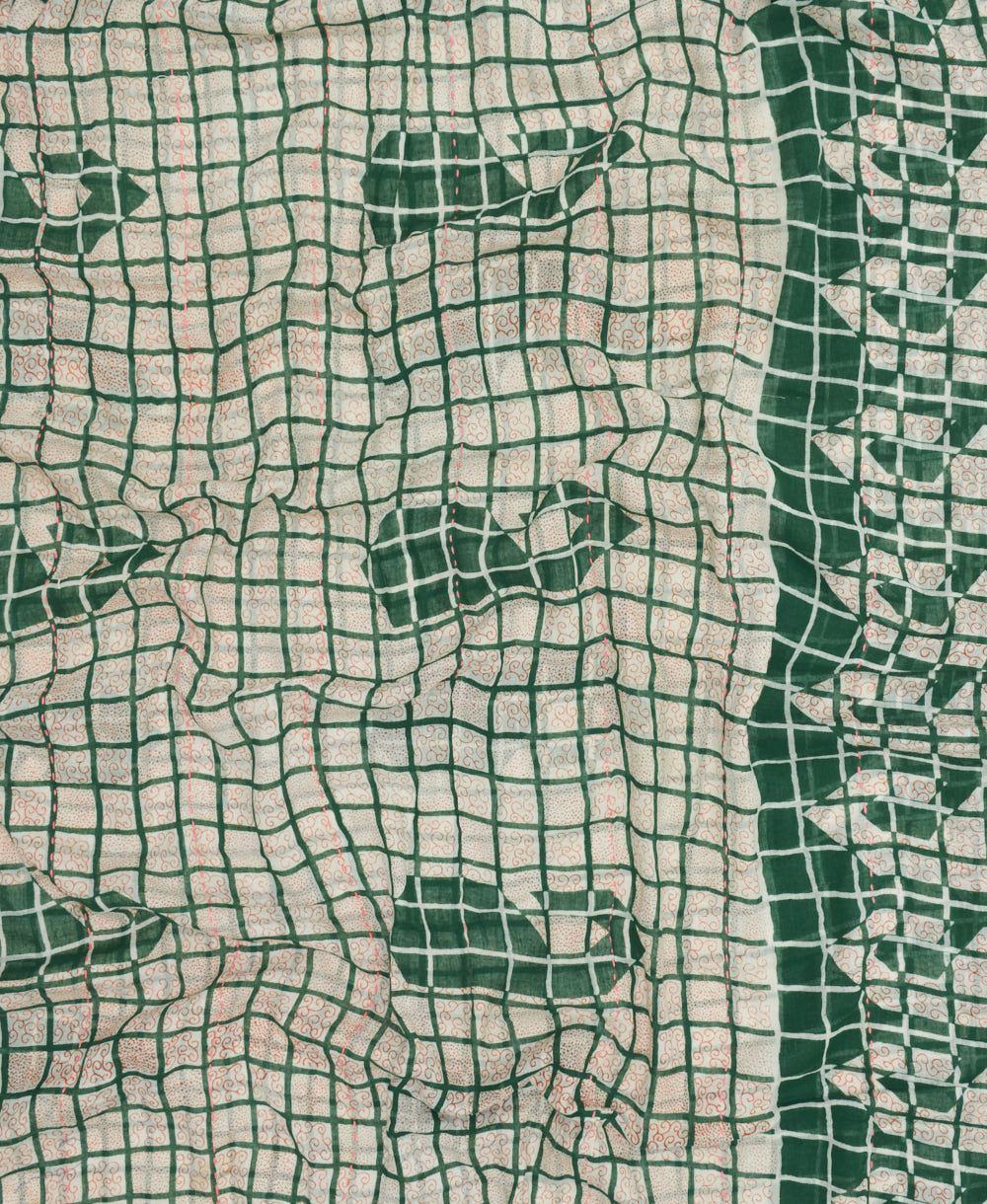 cotton scarf in emerald green and white grid print handmade in India with embroidery