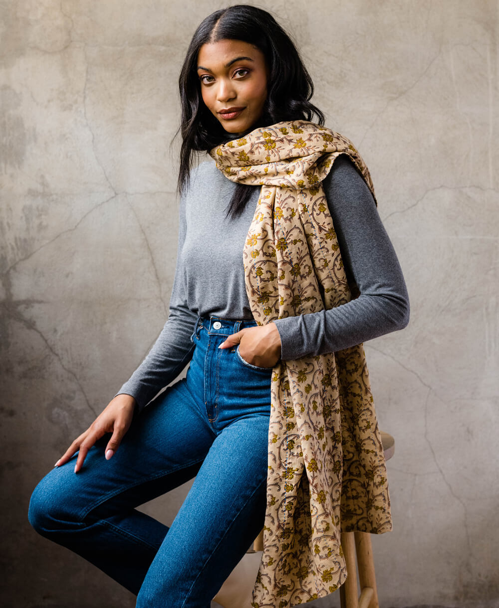 sustainable long scarf made from upcycled vintage cotton in a autumn mustard yellow floral print