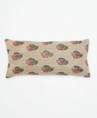 tan lumbar pillow with black & red leaf print handmade in India