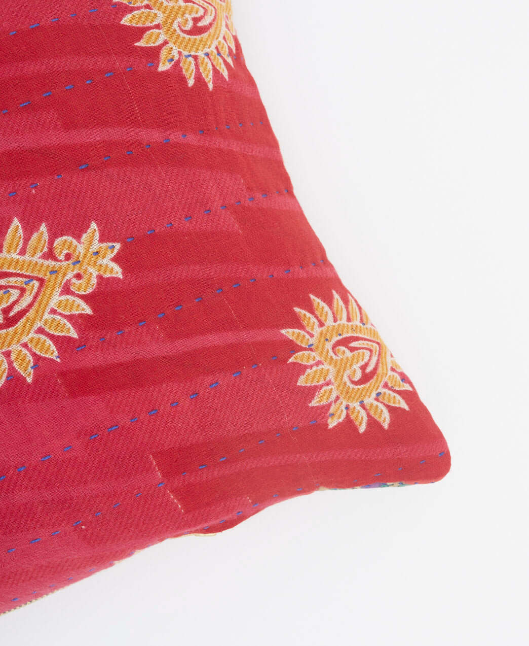 embroidered lumbar pillow handmade in India from cotton saris in red & yellow