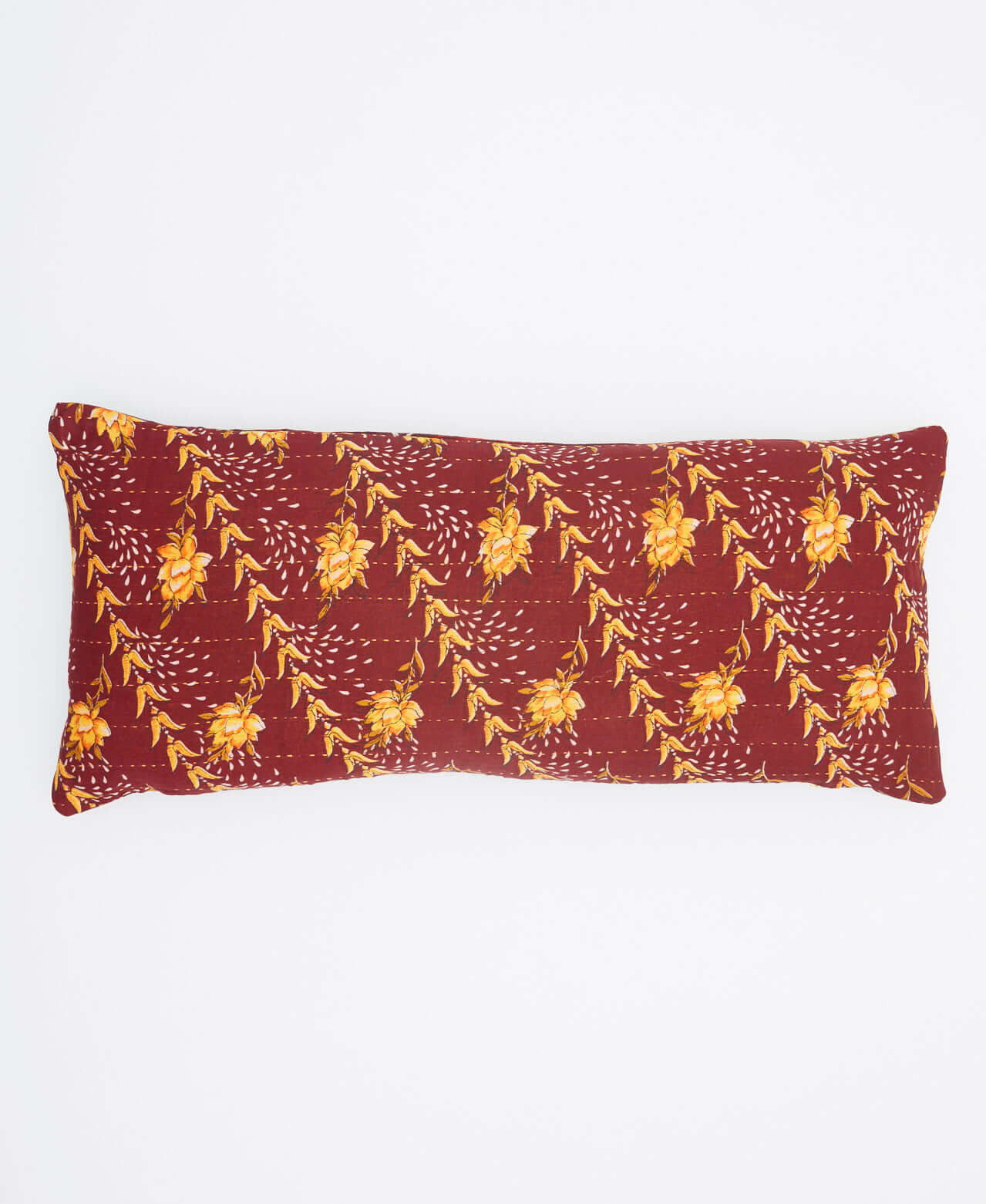 maroon lumbar pillow with golden yellow florals made from eco-friendly vintage cotton in India