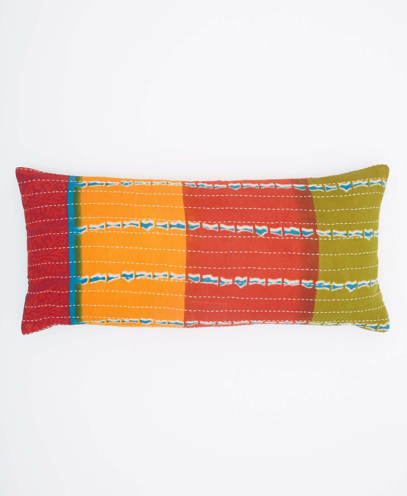 reversible vintage lumbar pillow for bed or couch with red, orange & lime green stripes