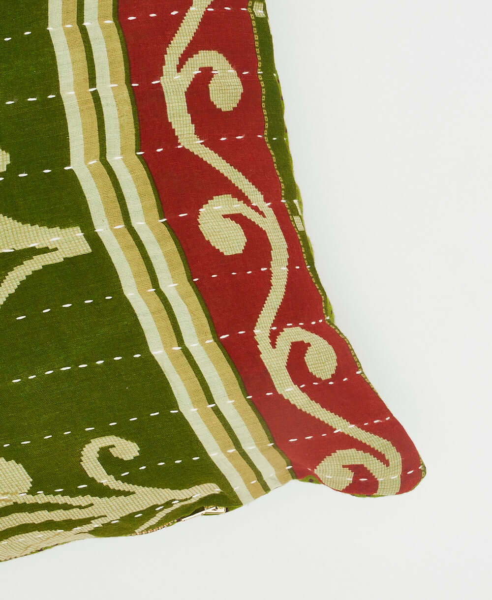 decorative lumbar pillow in red & green with kantha embroidery hand done by women artisans in India