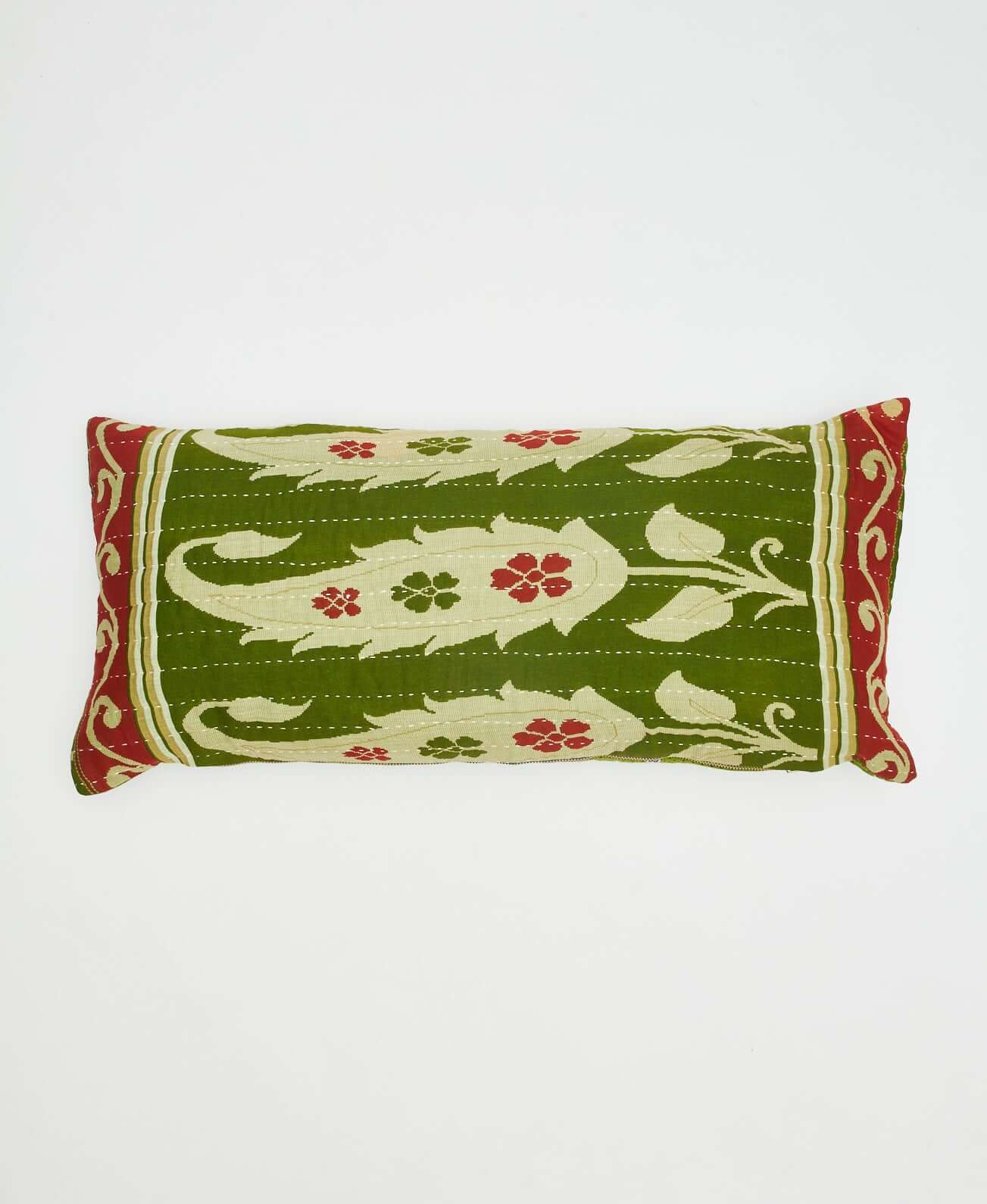 green & red botanical lumbar throw pillow ethically made in India from eco-friendly fabrics