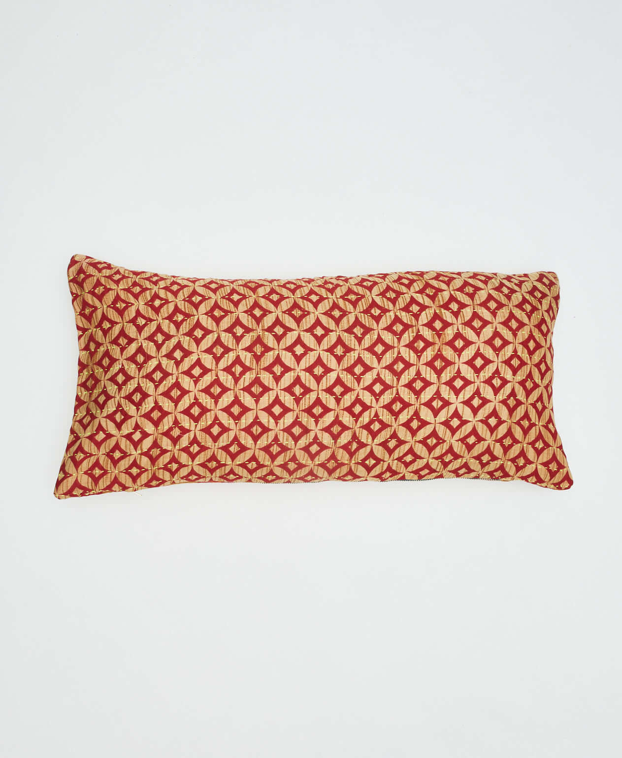 red & tan diamond print vintage lumbar pillow with removable down feather insert