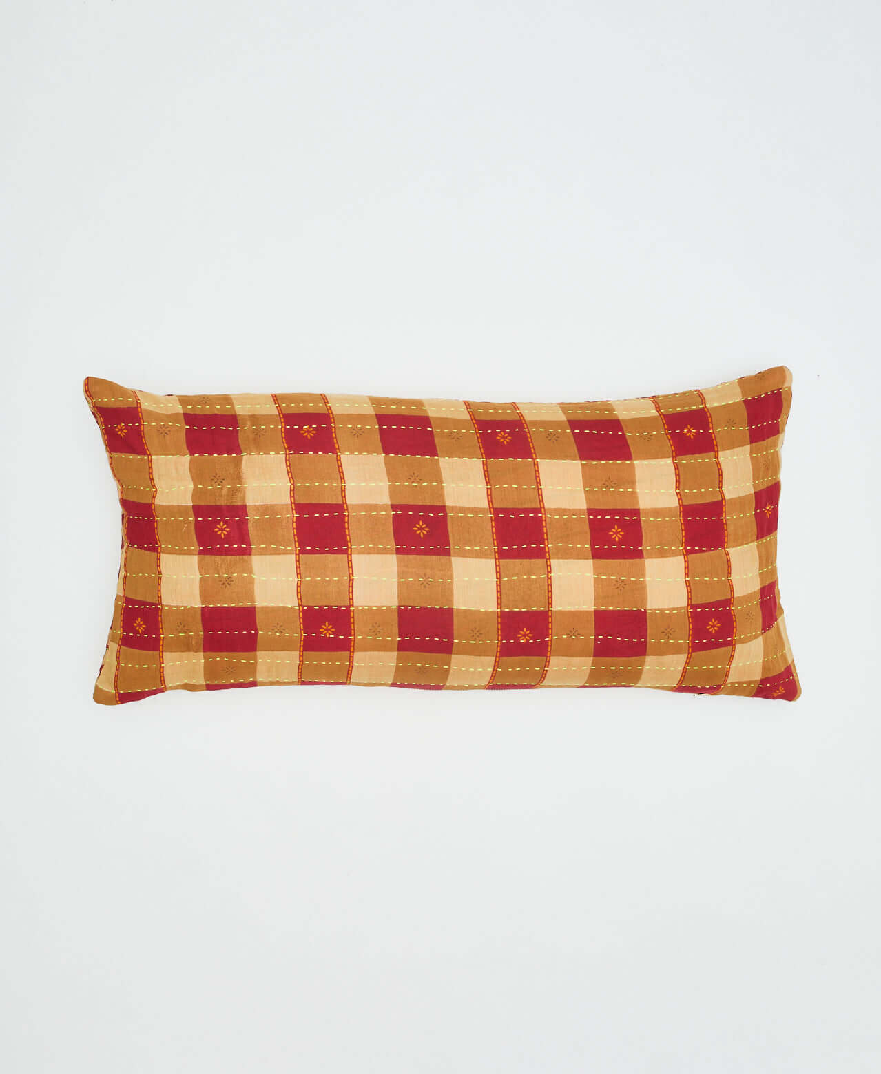 red & tan gingham lumbar throw pillow with reversible pattern on the back