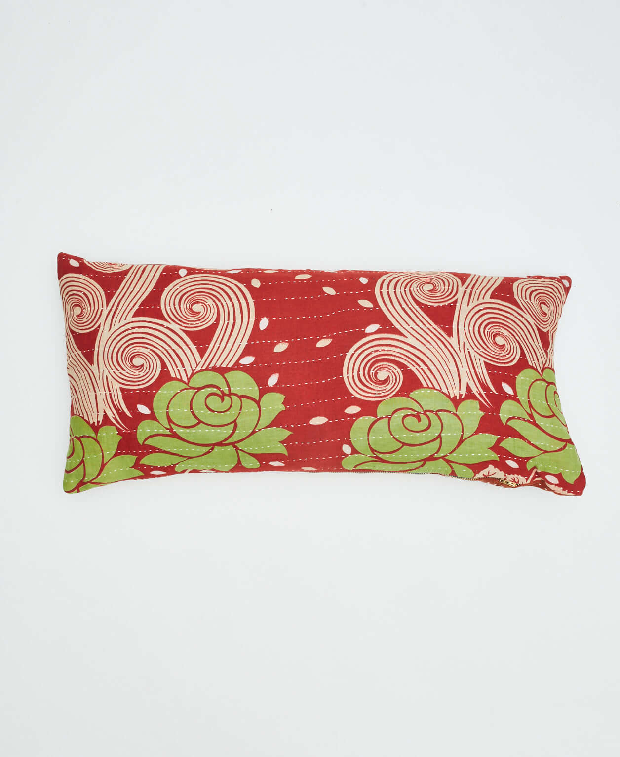 cherry red lumbar pillow with bold lime green flowers print