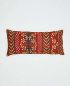 reversible lumbar pillow made from upcycled cotton saris in India with a red and orange floral print