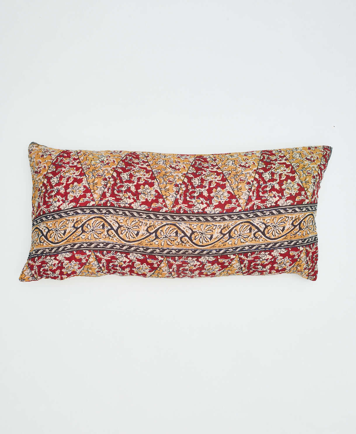 eco-friendly lumbar throw pillow with red & beige triangle design made by women artisans in India