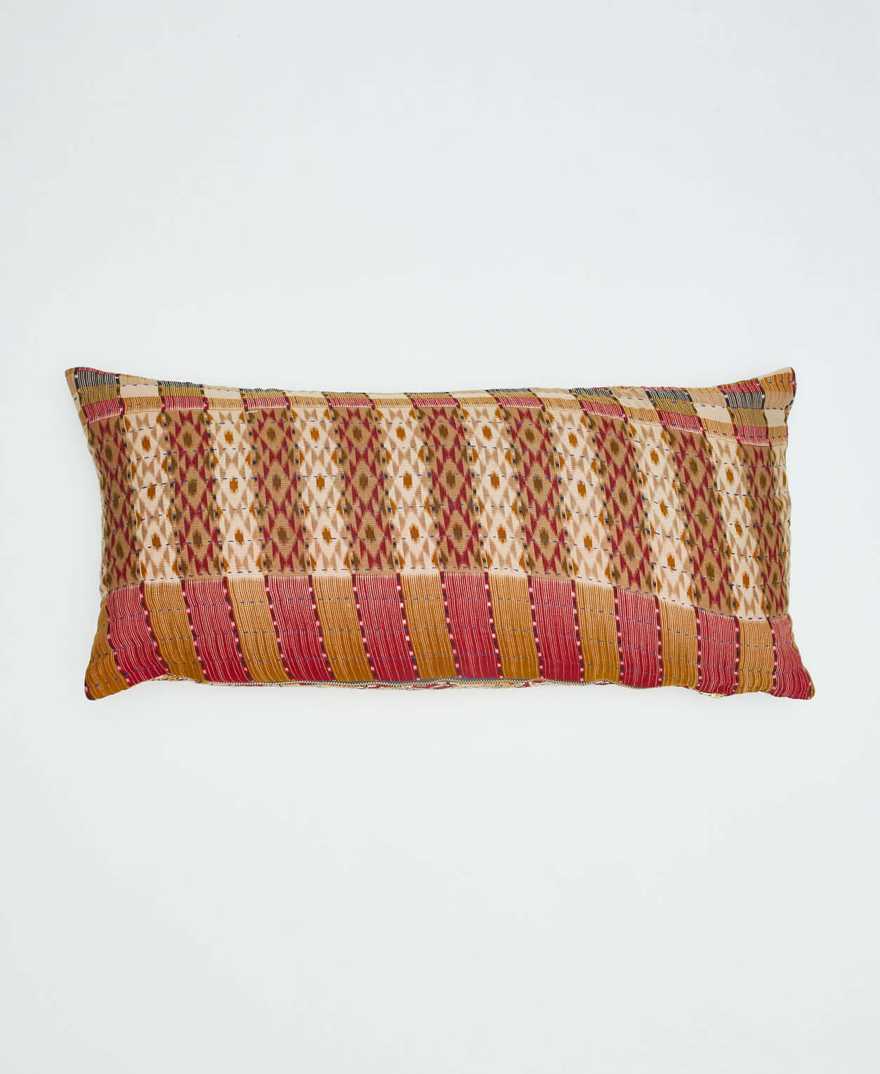 dark red, tan & olive green southwestern printed lumbar pillow with reversible patterns