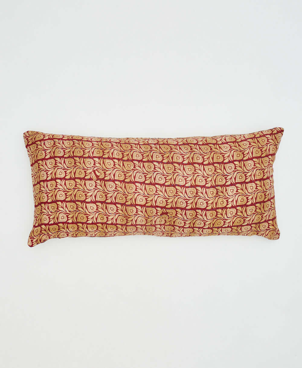 reversible vintage lumbar pillow with red & tan heart shaped leaf print made in India by women artisans