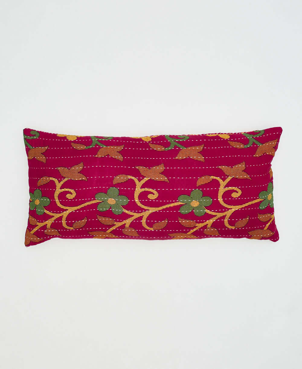 hot pink lumbar pillow with yellow & kelly green bold floral & vine pattern