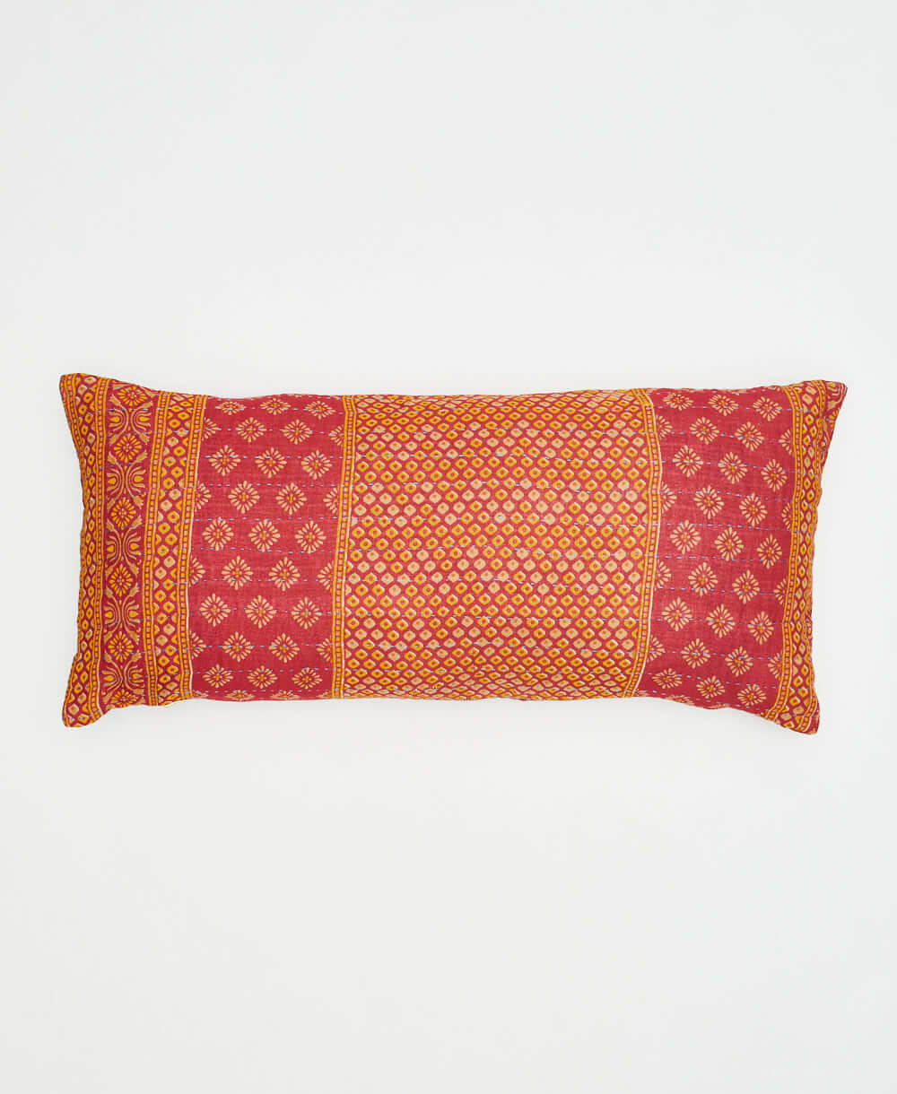 red & orange diamond print lumbar pillow handmade in India with reversible front & back