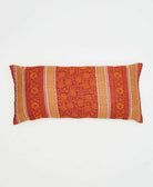 red, tangerine & tan floral stripe lumbar pillow made using eco-friendly vintage fabrics