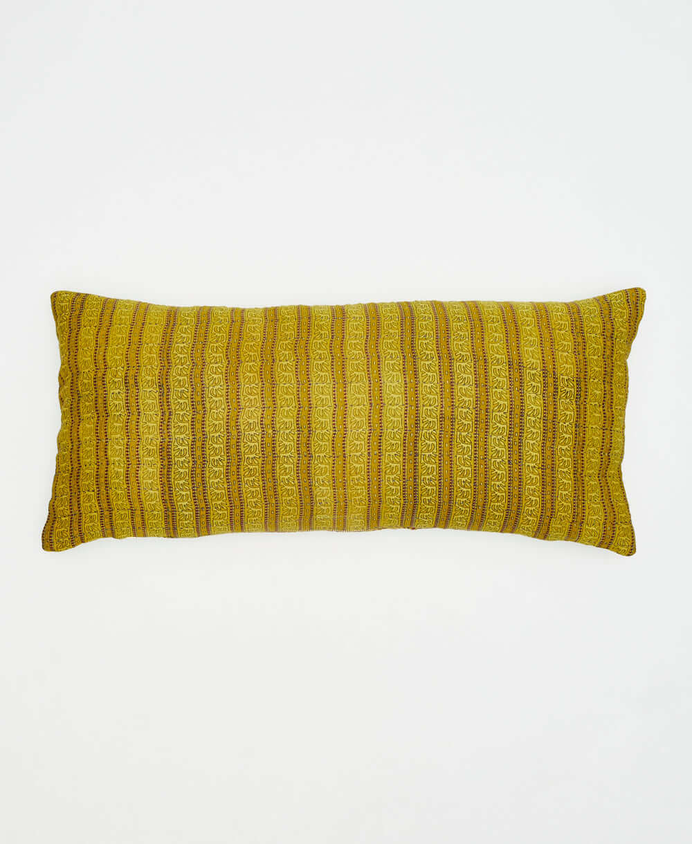 yellow-green vertical stripe lumbar pillow with removable down feather insert