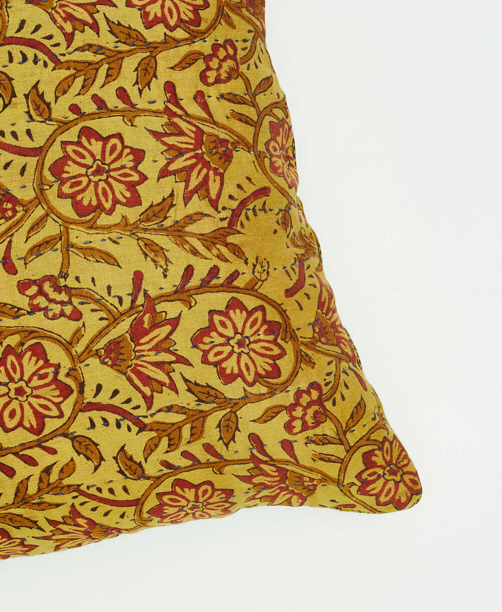 mustard yellow & red floral lumbar pillow with hand-embrodiery & gold-tone metal zipper closure