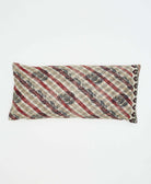 eco-friendly reversible lumbar pillow in light grey plaid pattern with brick red diagonal stripes