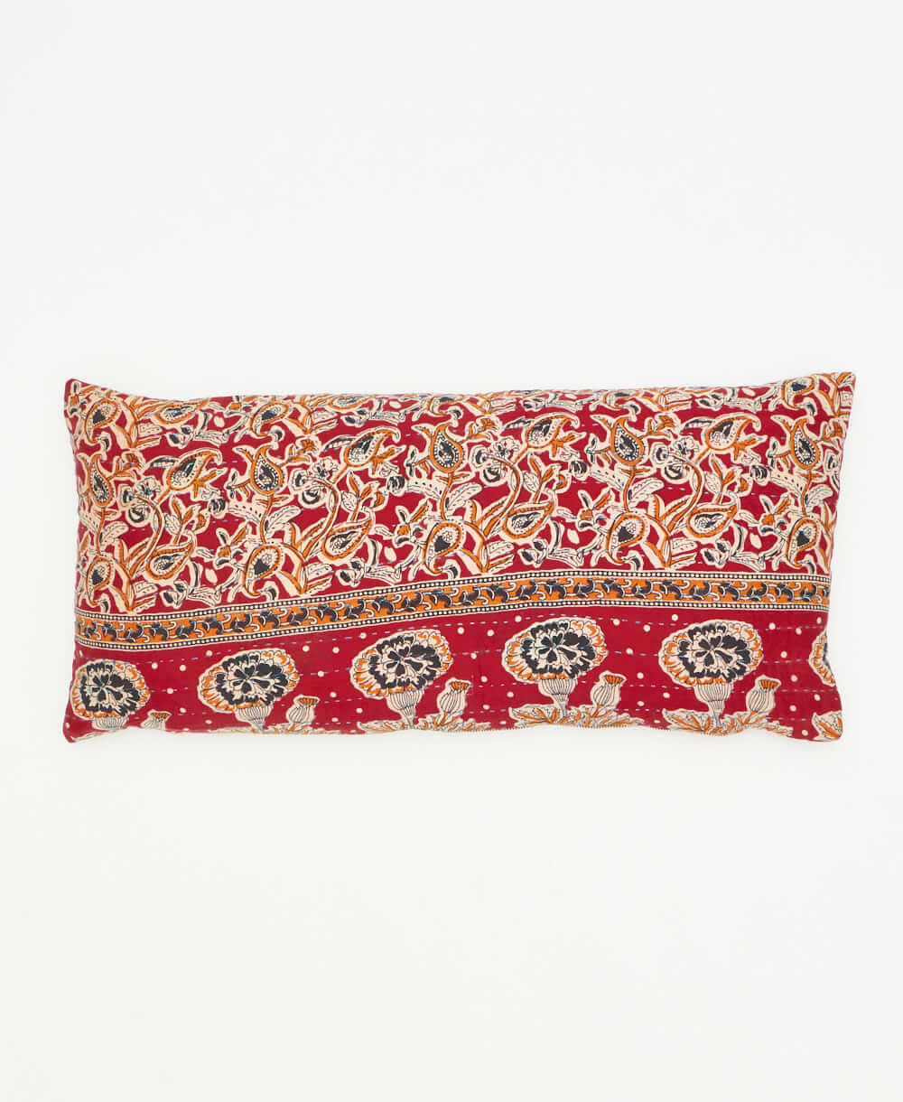 lumbar throw pillow crafted using repurposed gold and red vintage cotton saris 