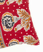 cherry red lumbar pillow featuring blue taraditional kantha hand stitching 