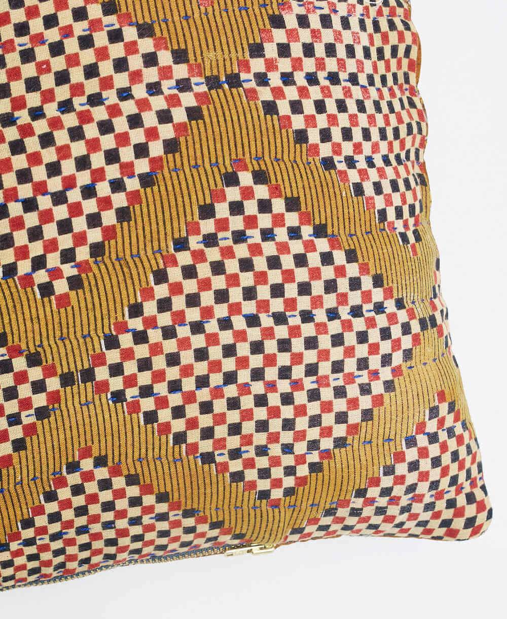 sustainable lumbar pillow in black and red checkered print with blue kantha embroidery