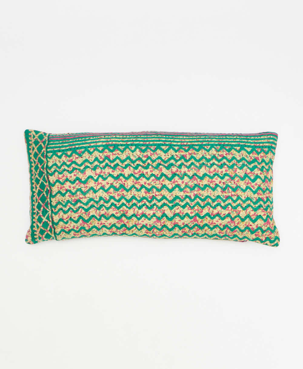 green lumbar throw pillow with green chevron print handmade in India by women artisans by Anchal