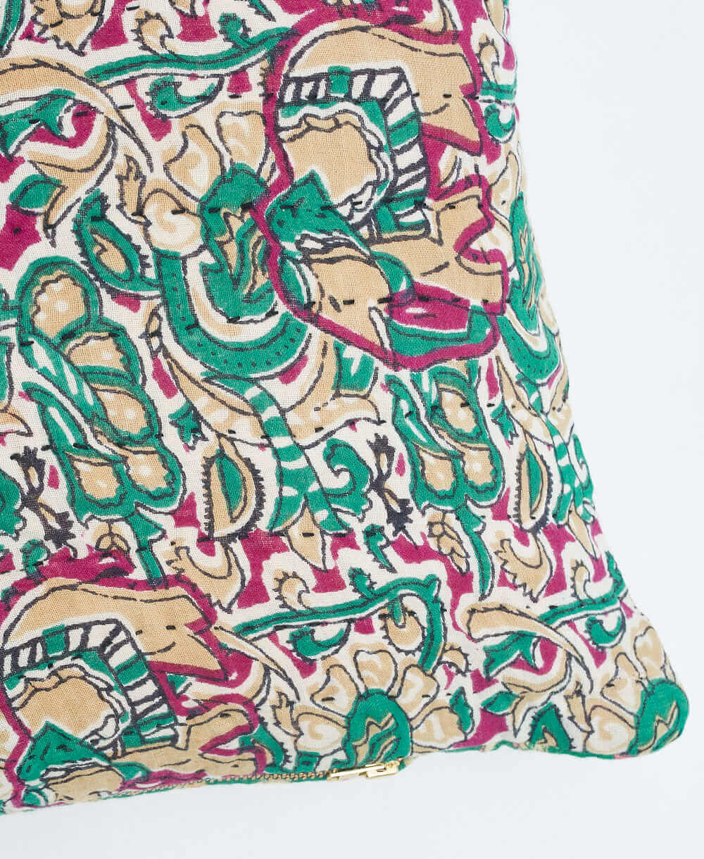 sustainable lumbar pillow in pink & green elephant print with black kantha embroidery