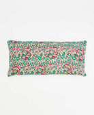 green & pink lumbar pillow with an elephant print made from upcycled vintage cotton saris in India