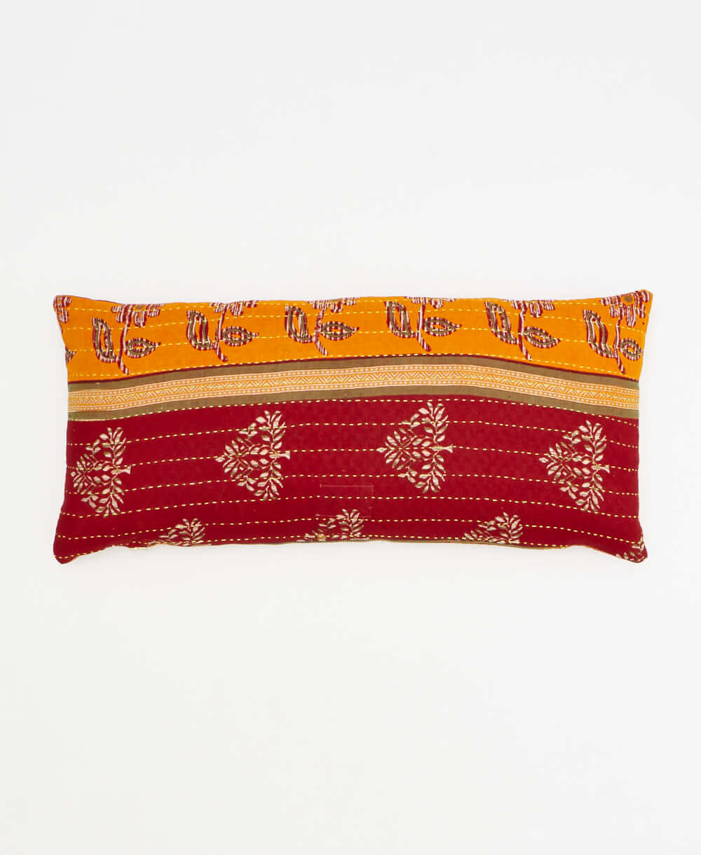 red & orange lumbar throw pillow with grey daisy print handmade in India by women artisans by Anchal